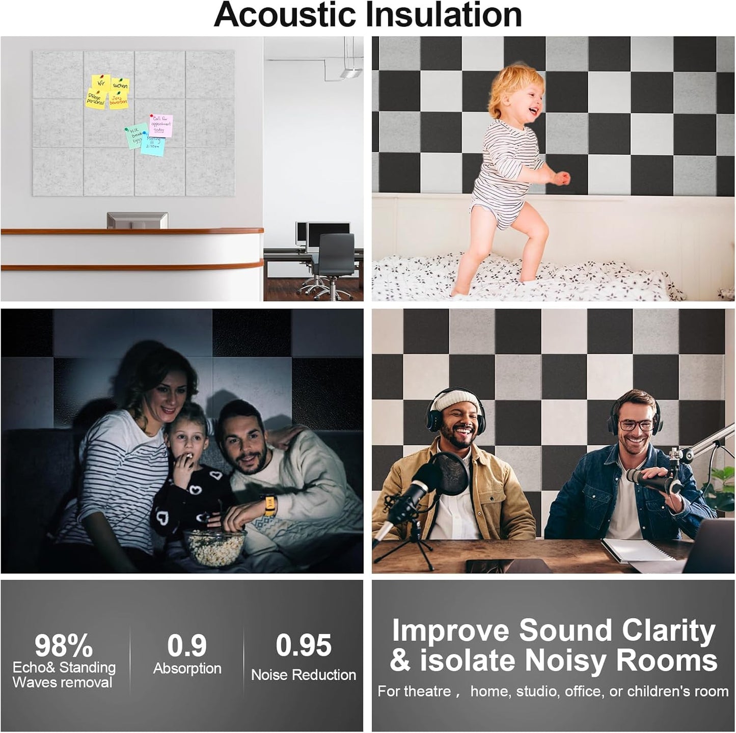 Large Cork Board for Walls 47" x 35" 12 Pack Black Bulletin Boards Felt Wall Tiles with Safe Removable Adhesive Corkboards for Office Home,Grey