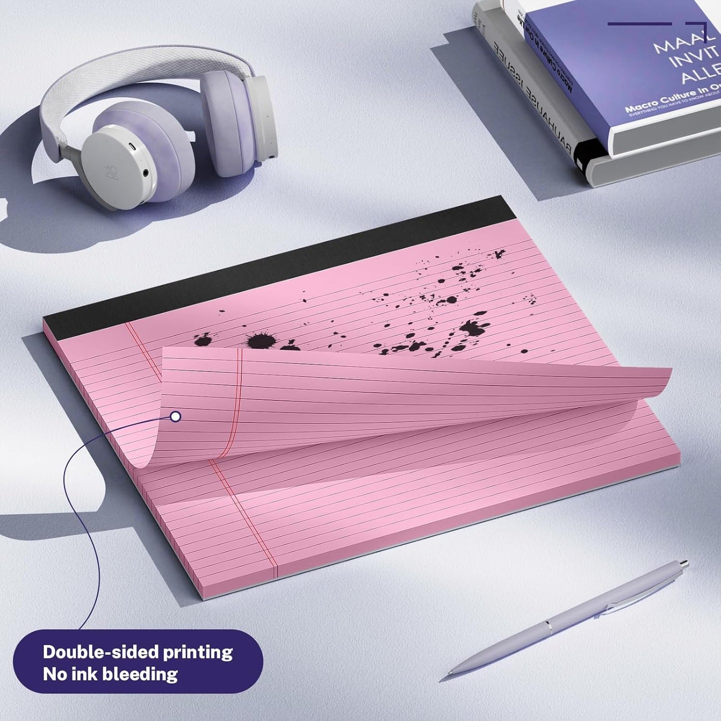 3 Pack Wide Legal Pads 11" x 9.5" (Landscape Format) Pink College Ruled Note Pad Narrow Ruled 30 Sheets per Notepad Perforated Writing Paper with Thick Backboard Horizontal Pads of Paper