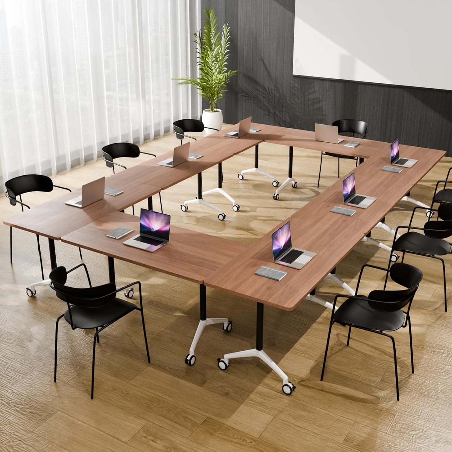 Folding Conference Table, Modern Large Conference Room Tables with Flip-Top Design, Foldable Conference Table Meeting Table with Wheels, Mobile Seminar Training Tables for Office Classroom (4, Brown)