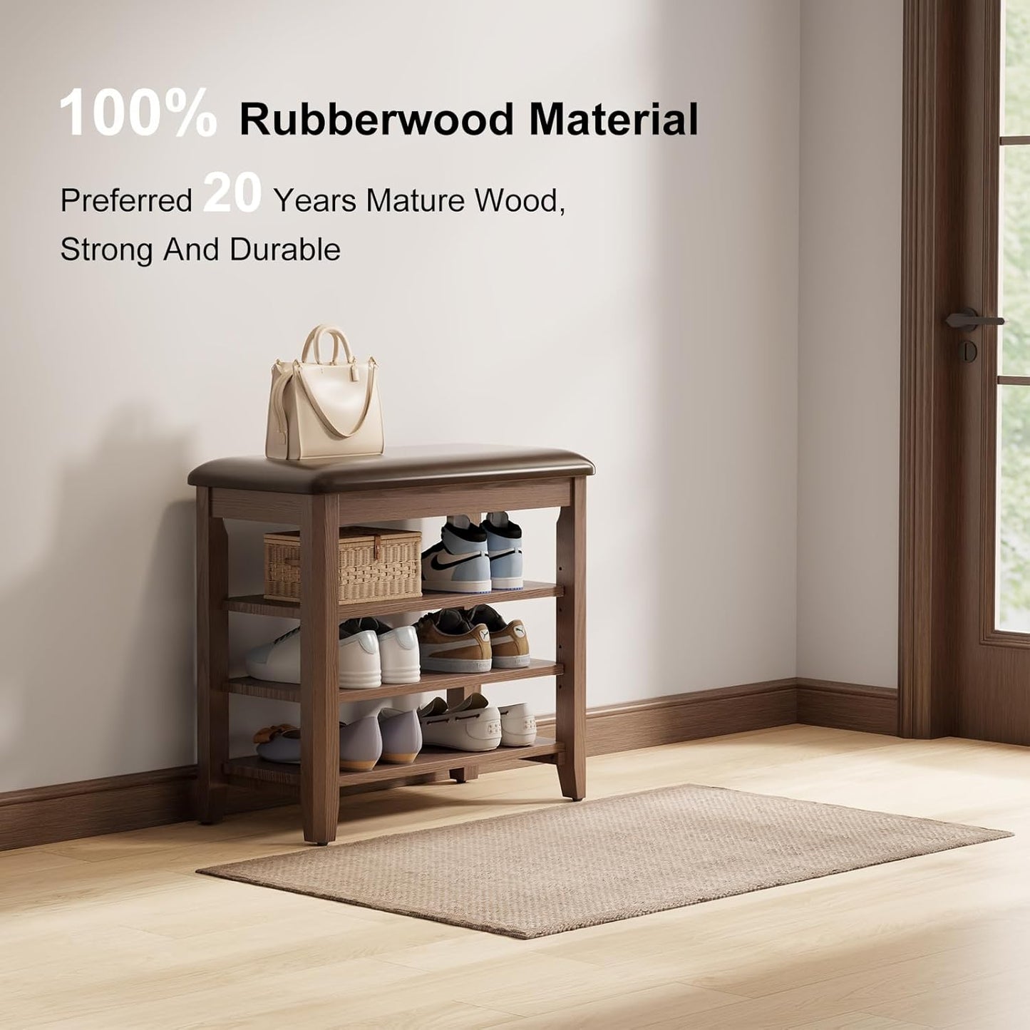 Shoe Bench with Leather Cushion, 3 Tiers Shoe Storage Bench Height Adjustable, Walnut Wood Entryway Bench for Hallway, Mudroom