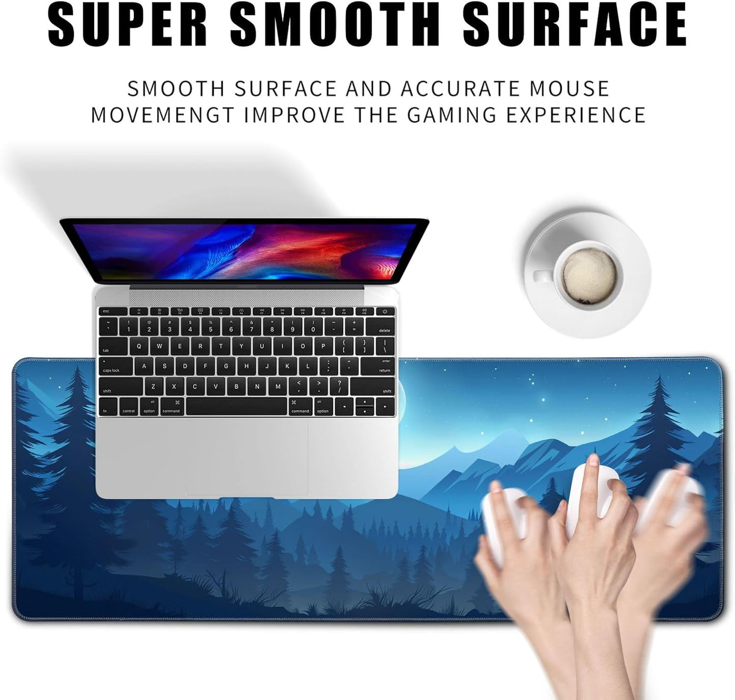 Minimalist Forest Mouse Pad - Dark Blue Night Desk Decor Mat, Moon Large Gaming Mouse Pad for Mountain Desk Computer Keyboard Laptop, Home Office Accessories (31.5x11.8 in)