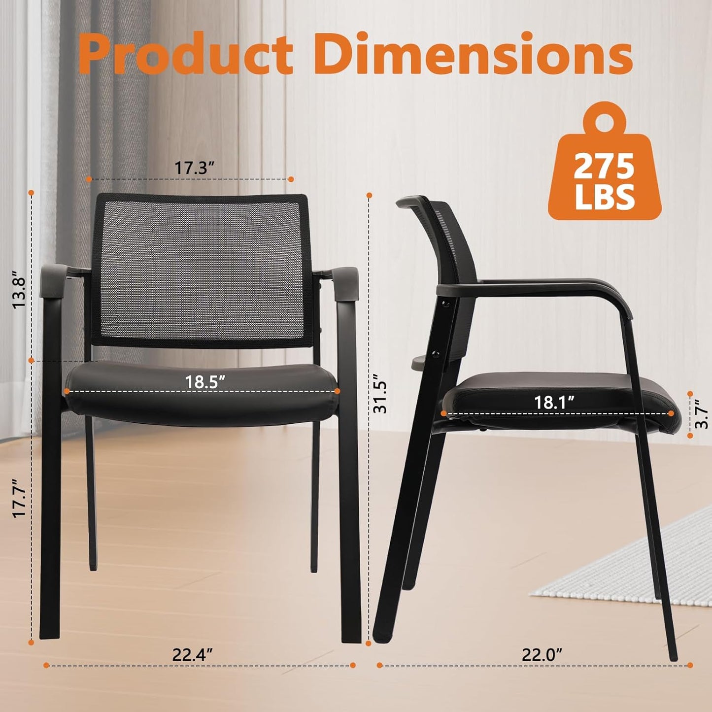 CLATINA Stackable Office Chair, Mesh Back Guest Chairs with Comfortable Leather Seat Arms Stacking Ergonomic Desk Chair No Wheels for Conference Waiting Reception School Side Stationary, Black