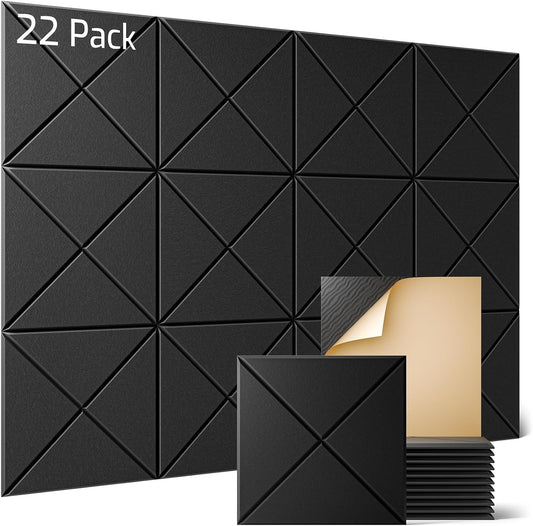 Sonicism 22 Pack X-Lined Acoustic Panels with Self-Adhesive, 12"X 12"X 0.4" Sound Proof Foam Panels, Decorative Soundproof Wall Panels, Sound Absorbing Tile for Home & Offices, Black