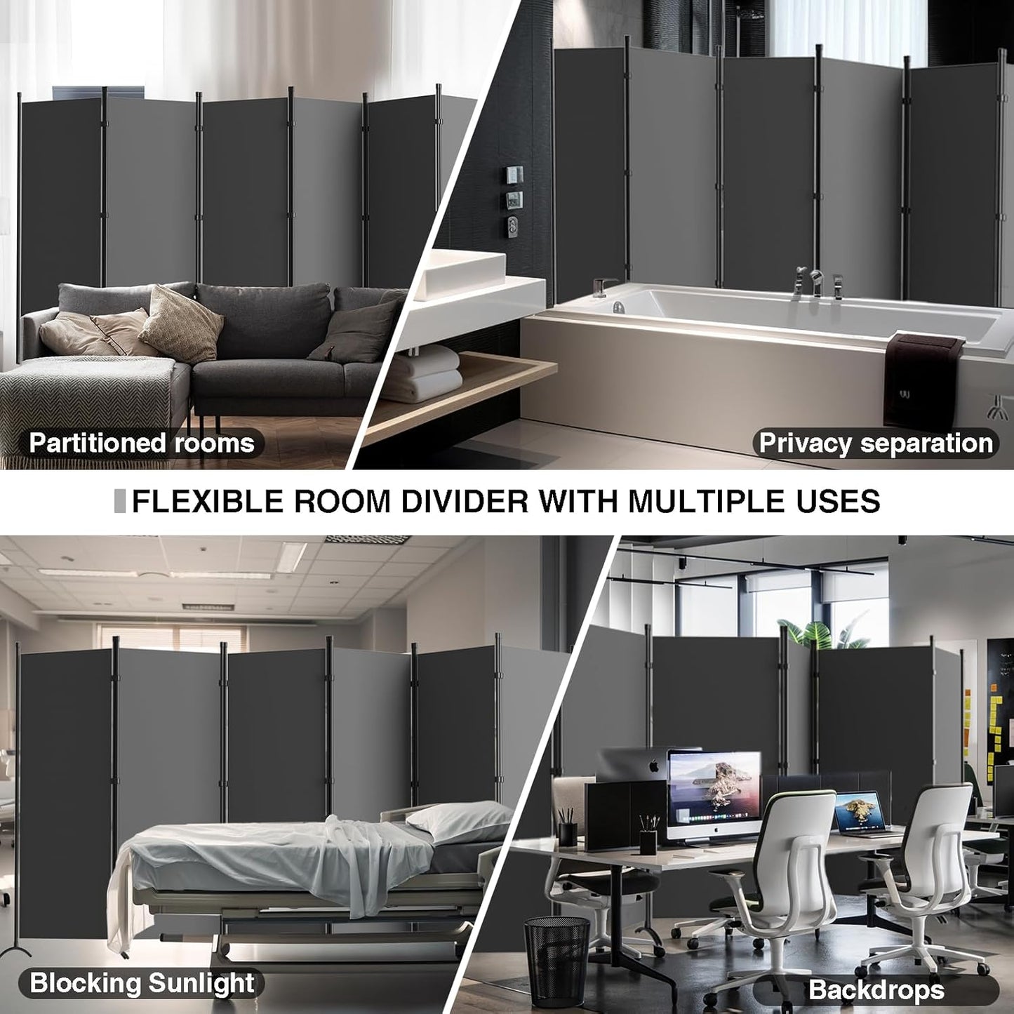 6 Panel Room Divider, 6FT Portable Room Dividers Folding Privacy Screens, 198" W Freestanding Fabric Divider for Room Separation, Partition Room Divider Panel for Dorm Home Studio Office, Grey