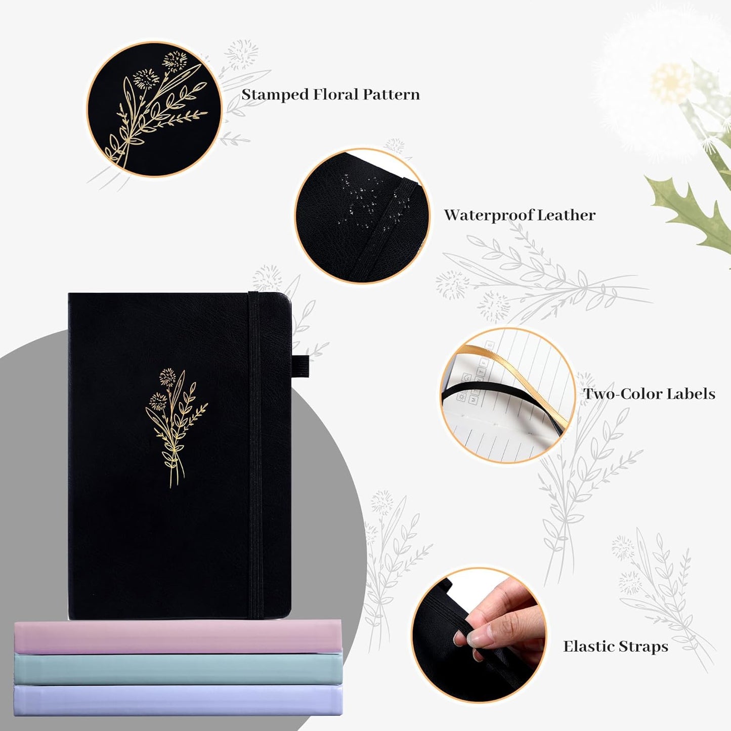 Lined Journal Notebook for Women Cute Leather Journals for Writing Aesthetic Floral Diary 192 Pages A5 Hardcover Journaling Notebooks with Pen Loop, 5.7 x 8.3 In, Black