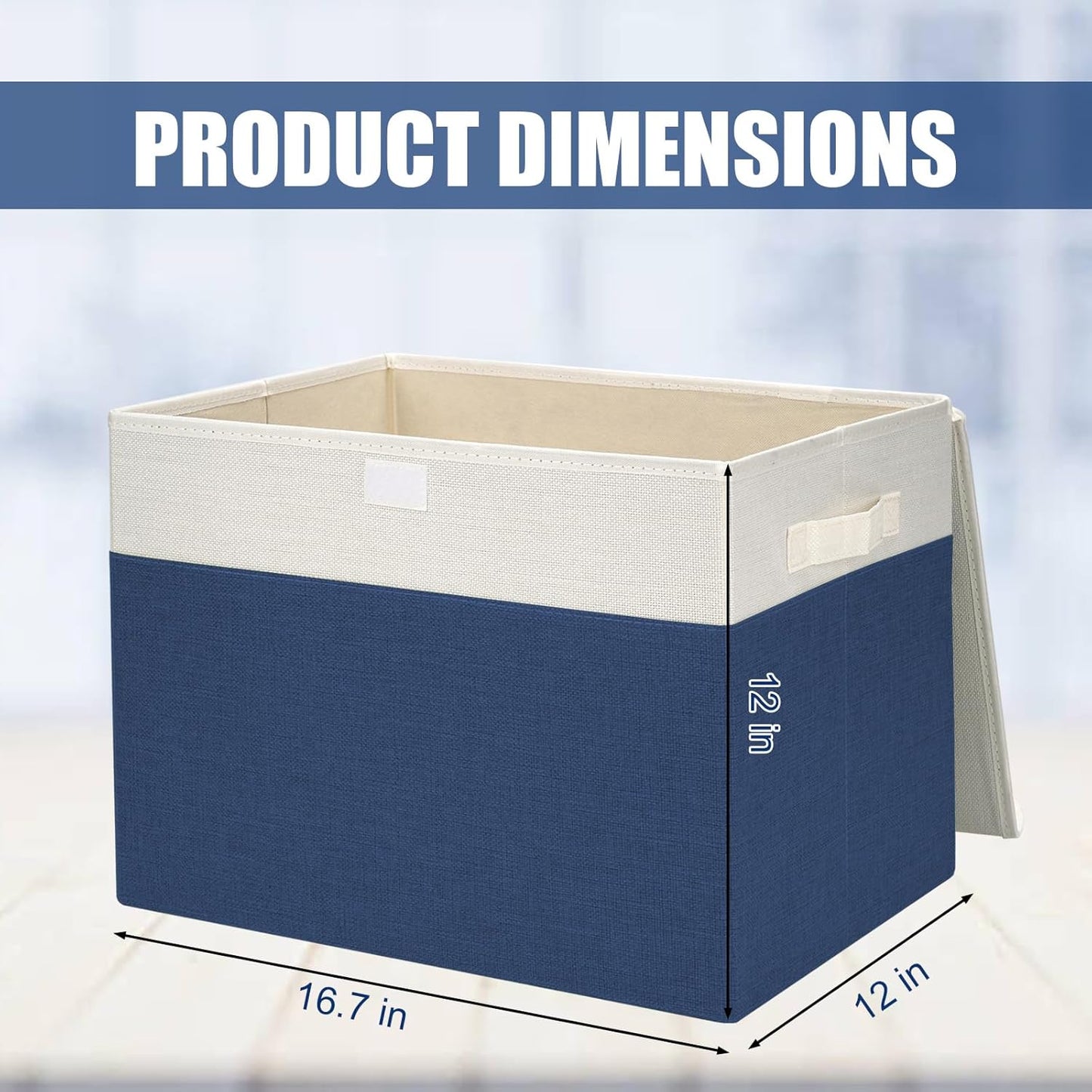 Large 17" 42 Quarts Collapsible Stackable Storage Bins with Lids [3-Pack] Foldable Fabric Linen Storage Boxes Cube, Closet Organizer Baskets with Label for Home (16.7 x 12 x 12", Navy Blue & White)