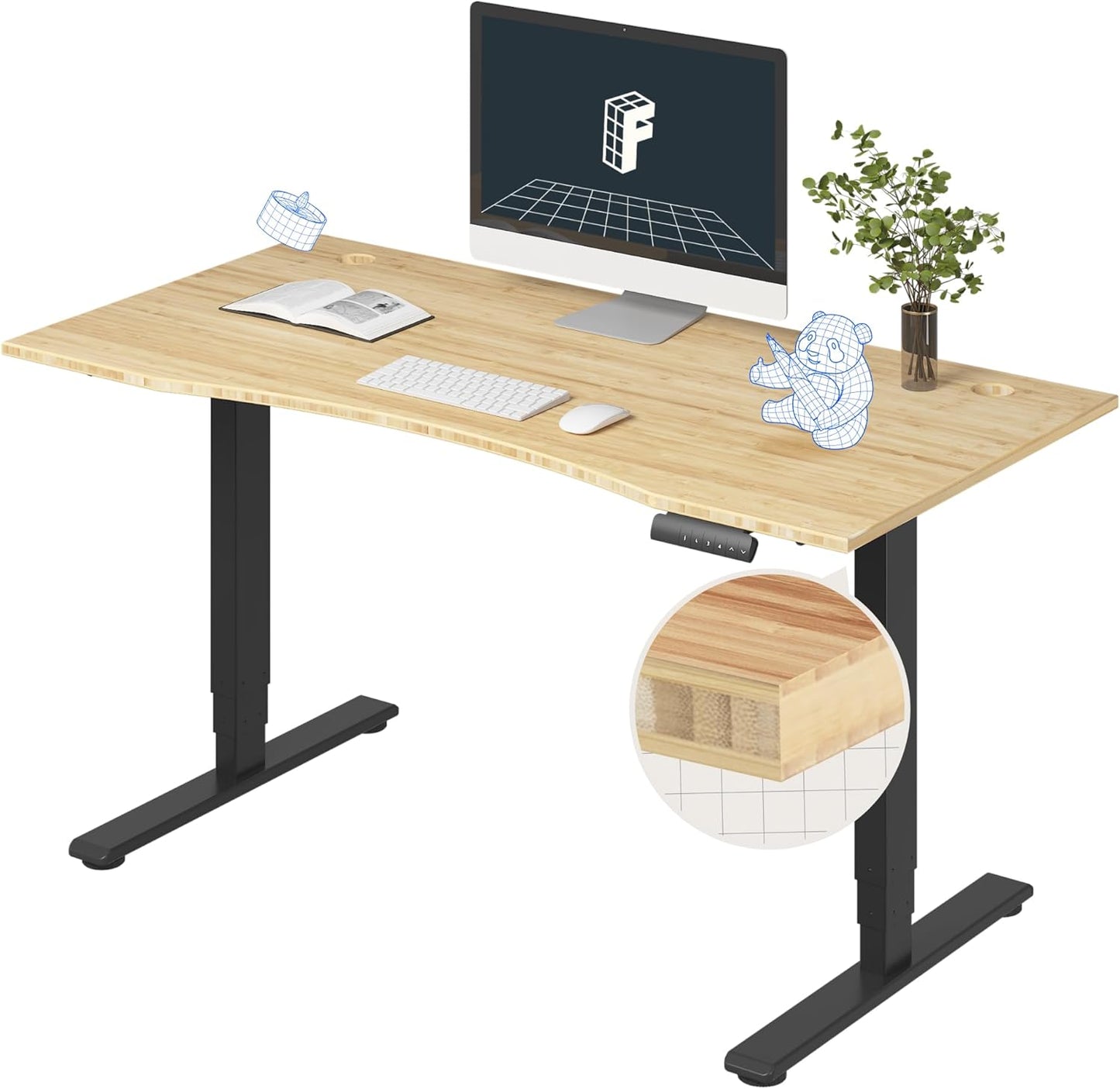 FLEXISPOT E6 Essential Bamboo 3 Stages Dual Motor 55x28 Inch Electric Height Adjustable Standing Whole-Piece Board Desk Sit Stand Up Desk (Black Frame + Bamboo Curved Desktop)