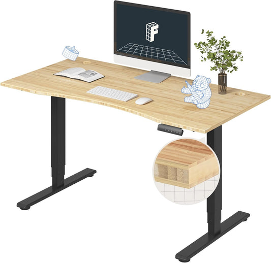 FLEXISPOT E6 Essential Bamboo 3 Stages Dual Motor 55x28 Inch Electric Height Adjustable Standing Whole-Piece Board Desk Sit Stand Up Desk (Black Frame + Bamboo Curved Desktop)