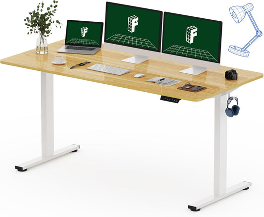 FLEXISPOT One-Piece Electric Standing Desk, 60 x 24 Inches Adjustable Desk with Seamless Desktop, Memory Controller Height Adjustment (White Frame + Maple Desktop, 2 Packages)
