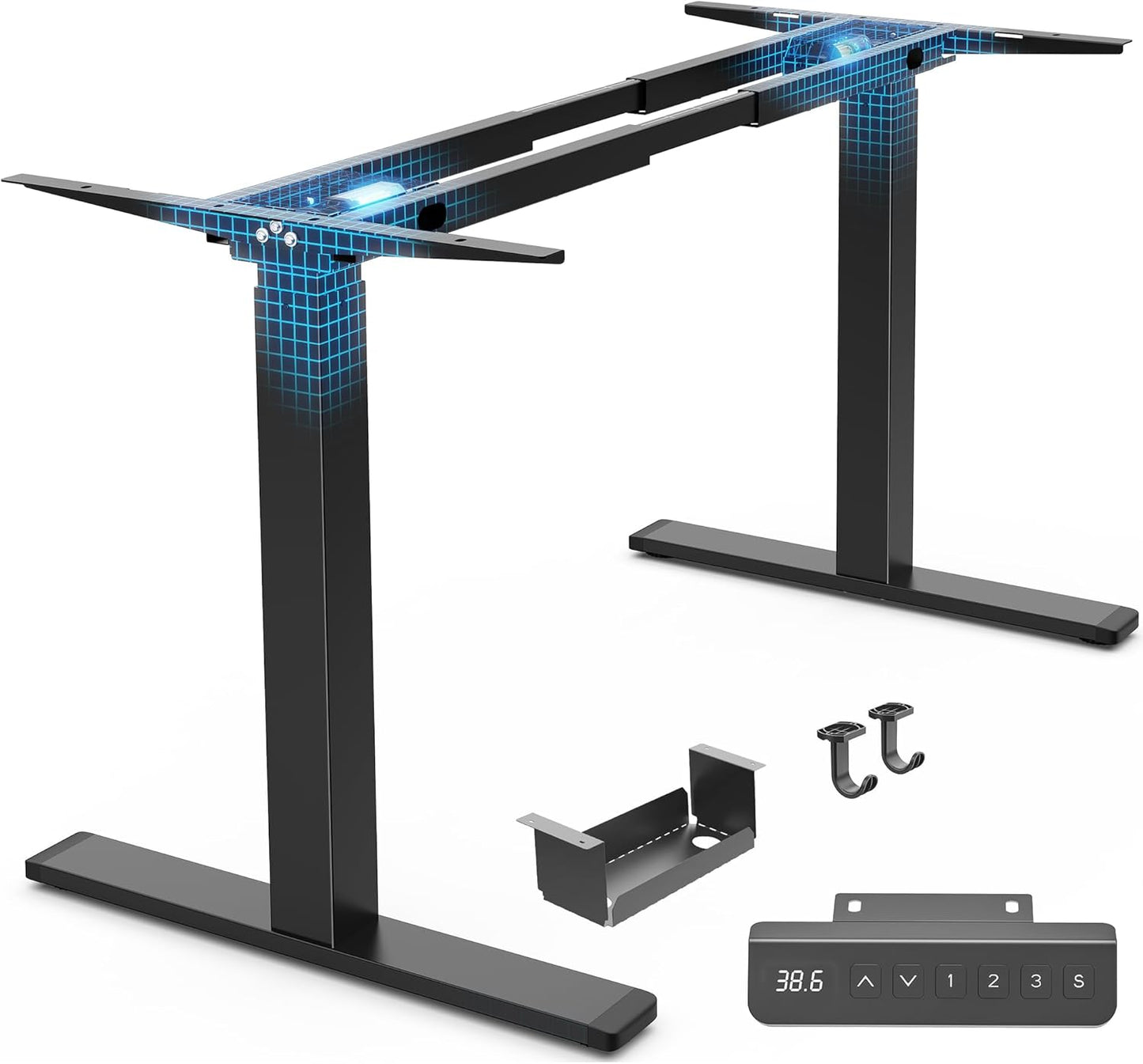 Huuger Dual Motor Electric Standing Desk Frame, Sit Stand up Desk Leg for 47.2” to 86.6” Desktop, Computer Desk Leg with Cable Tray, 3 Memory Height Presets, 2 Hooks, Black Frame Only