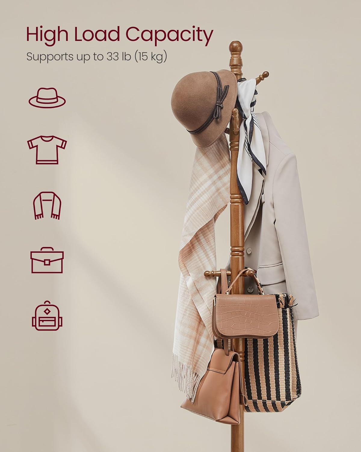 VASAGLE Solid Wood Coat Rack and Stand, Free Standing Hall Coat Tree with 10 Hooks for Hats, Bags, Purses, for Entryway, Hallway, Rubberwood, Caramel Brown URCR03WN