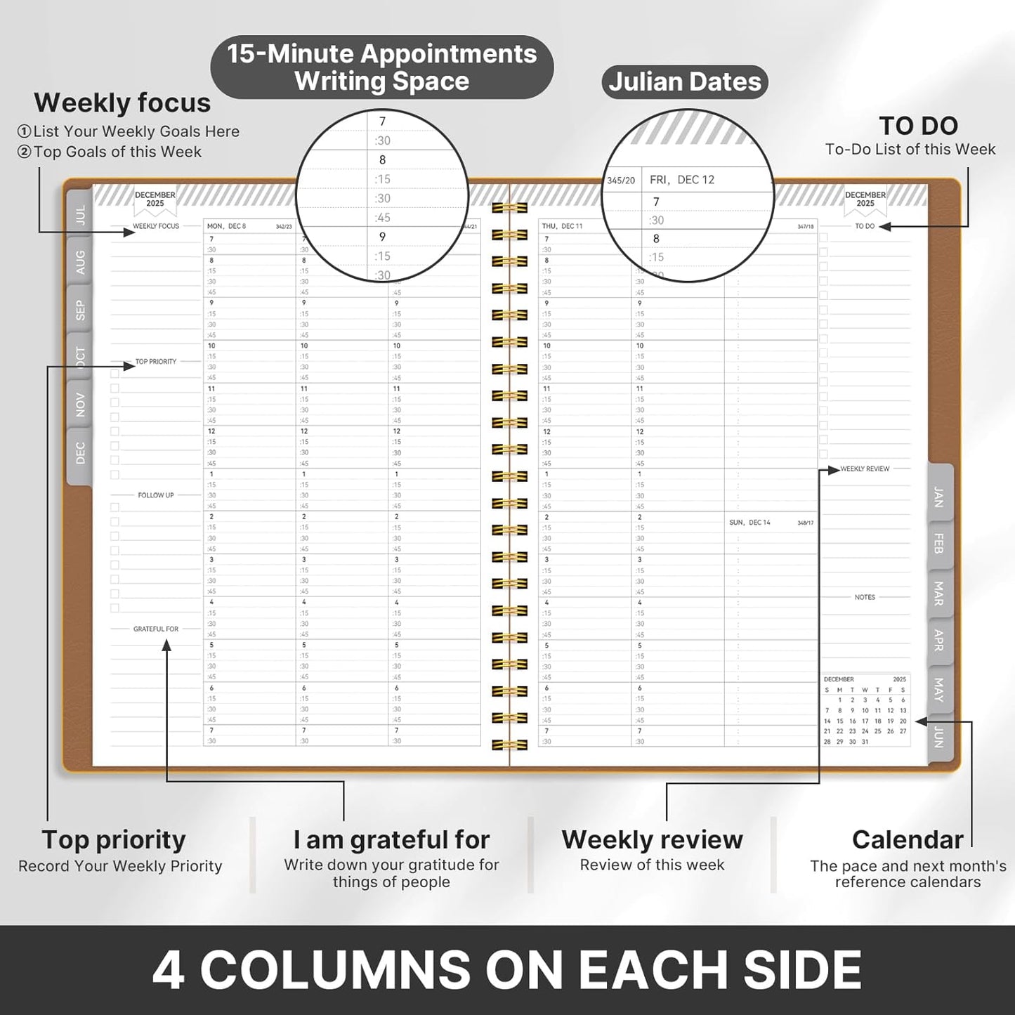 GETINK Appointment Book 2025-2026 Weekly Daily Hourly Planner 8.5"x11" Spiral Bound, Jul. 2025 - Jun. 2026, Laredule Appointment Planner 2025 with 15-Minute Increments, Flexible Cover, Gold