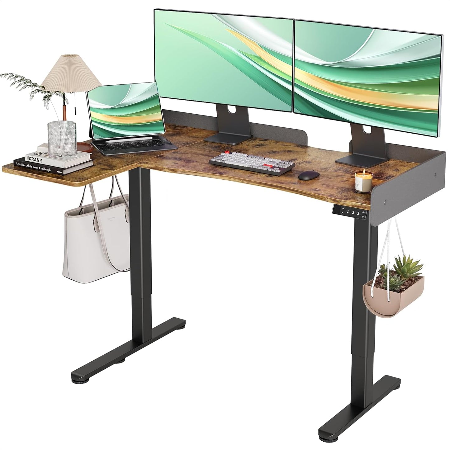 Claiks L Shaped Standing Desk, 55 Inch Electric Height Adjustable Desk Left Facing Corner Workstation with Splice Board, Rustic Brown