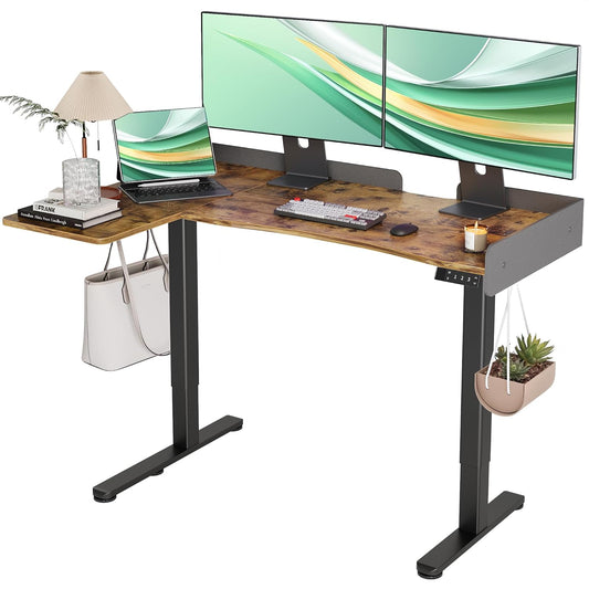 Claiks L Shaped Standing Desk, 55 Inch Electric Height Adjustable Desk Left Facing Corner Workstation with Splice Board, Rustic Brown