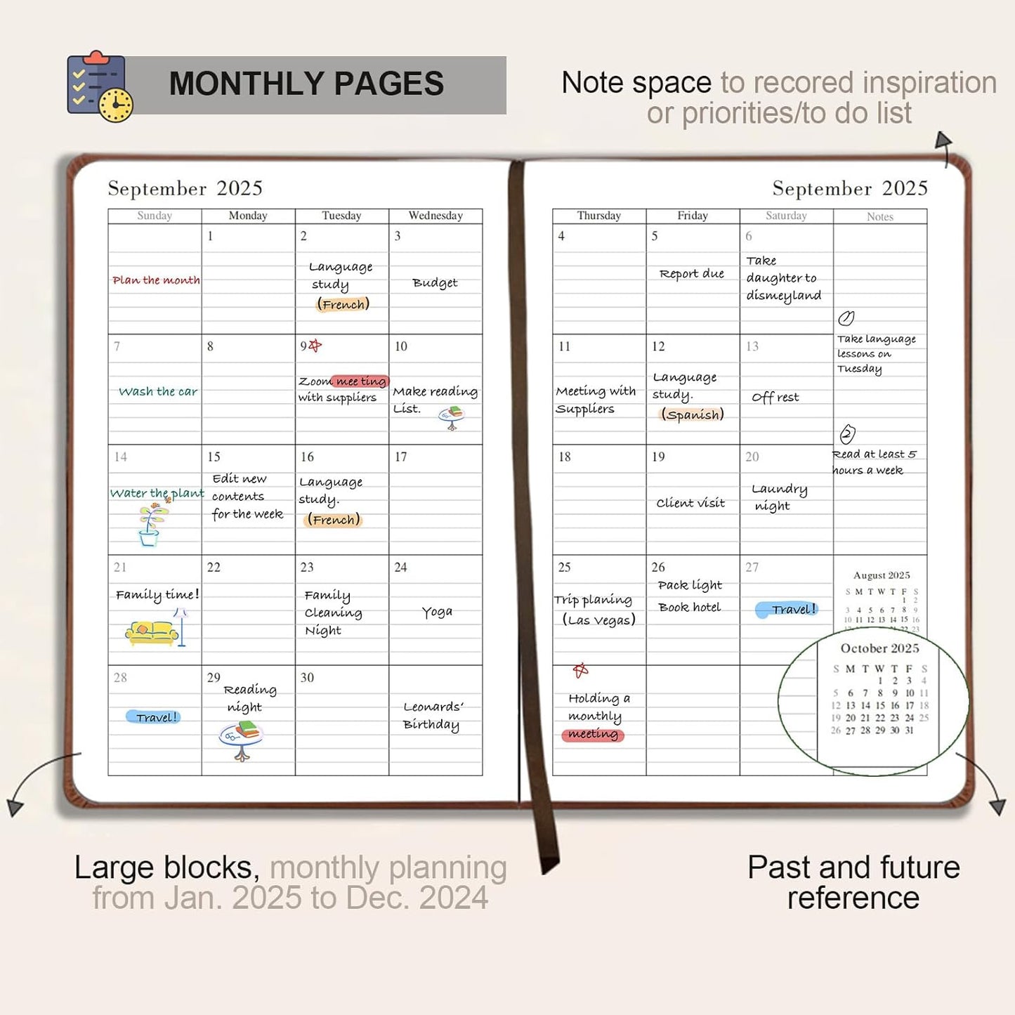 Daily Planner 2025-2026, Academic Planner 2025-2026 Weekly and Monthly Planner, Calendar Book with Hourly Schedule 8.5"x5.8", July 2025 to June 2026, Faux Leather Cover (Brown)