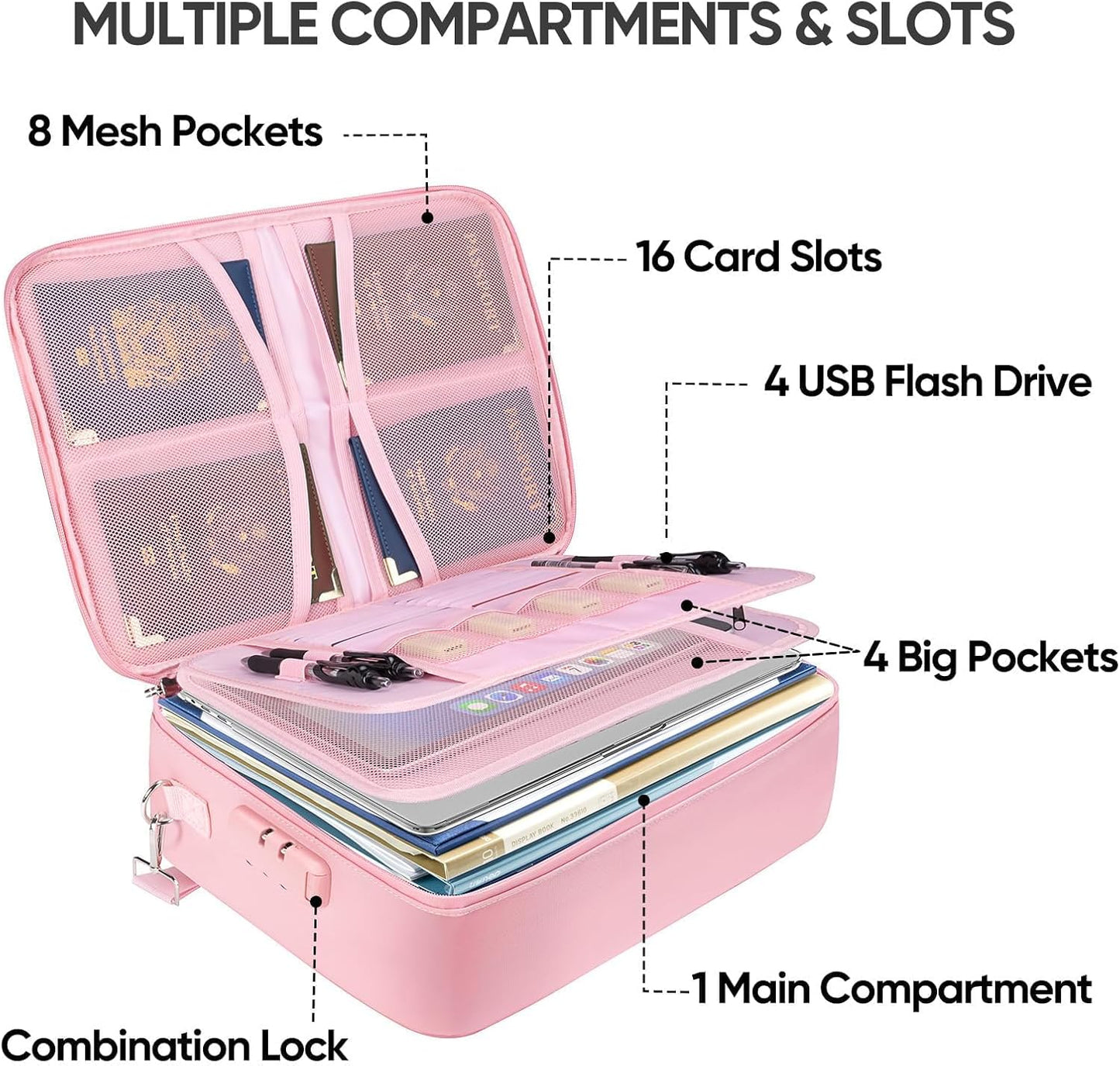 BALEINE Fireproof Document Box with Lock, Portable Fireproof Document Bag Waterproof Fire Proof File Boxes for Documents, File Organizer Box for Important Paperwork (Pink, 15''x11''x4'')