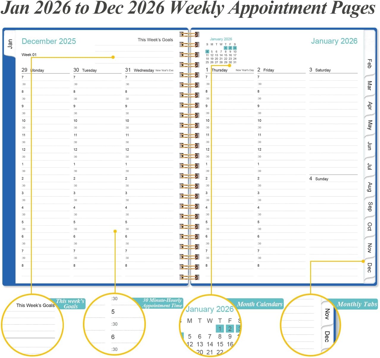 2026 Appointment Book & Planner - 2026 Daily Hourly Planner from January 2026 - December 2026, Weekly Appointment Book with 30-Minute Interval, Medium 6.4" x 8.5", Blue-B