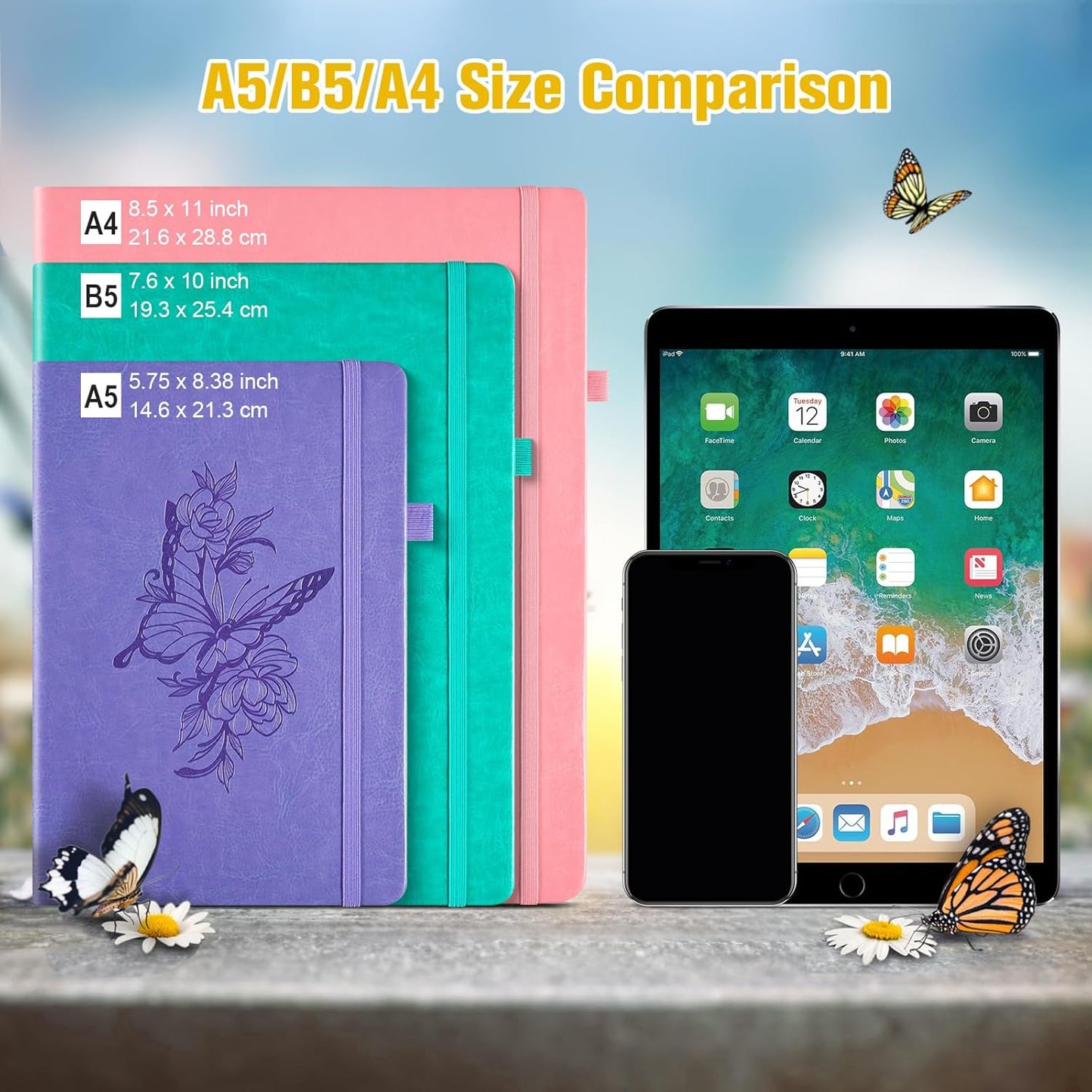 Lined Notebook Journal for Women Men, 312 Numbered Pages B5 Thick Leather Journals for Writing, Daily Diary Journal for Work School, Hardcover College Ruled Notebook, Butterfly Flower Notebook, Yellow