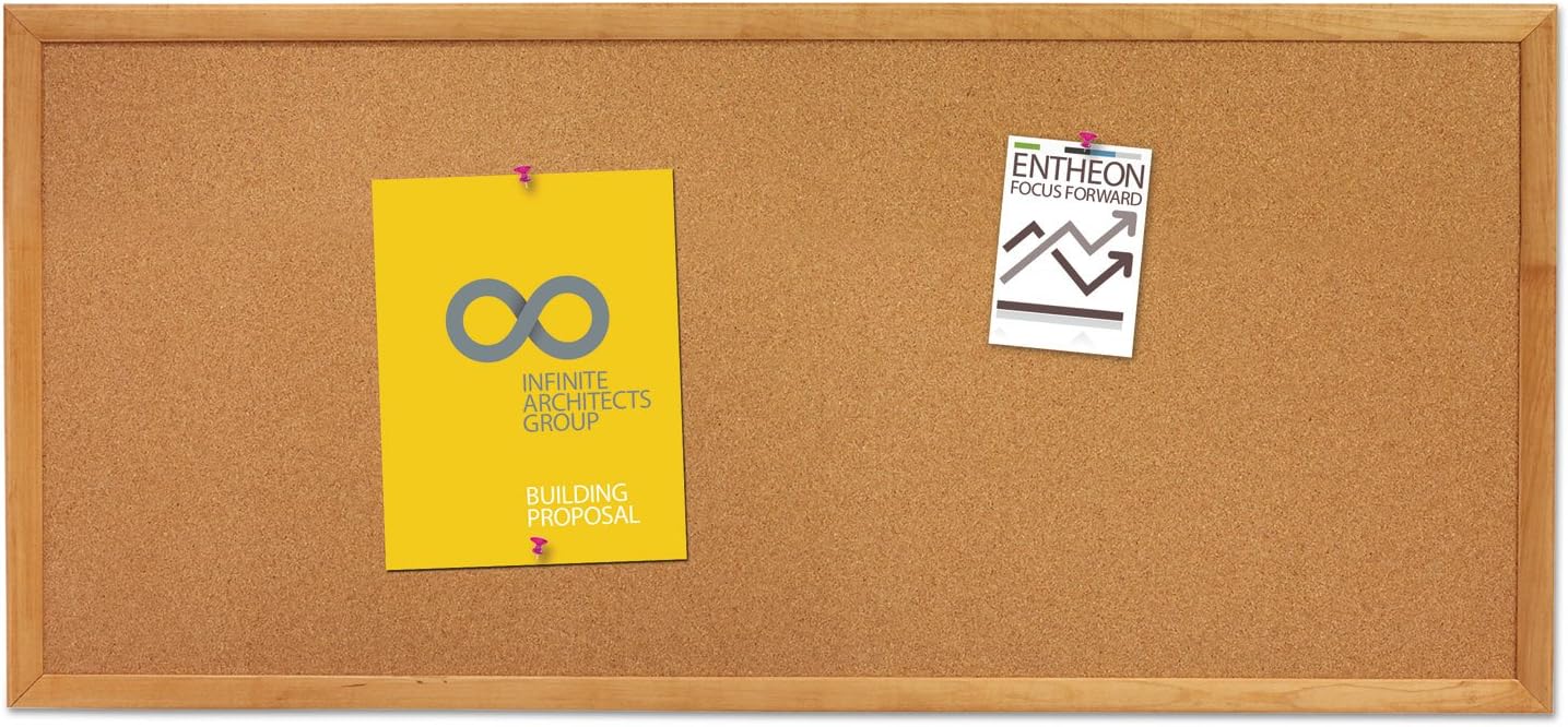 Quartet Cork Board, Bulletin Board, 3' x 1' Corkboard, Oak Finish Frame (300)