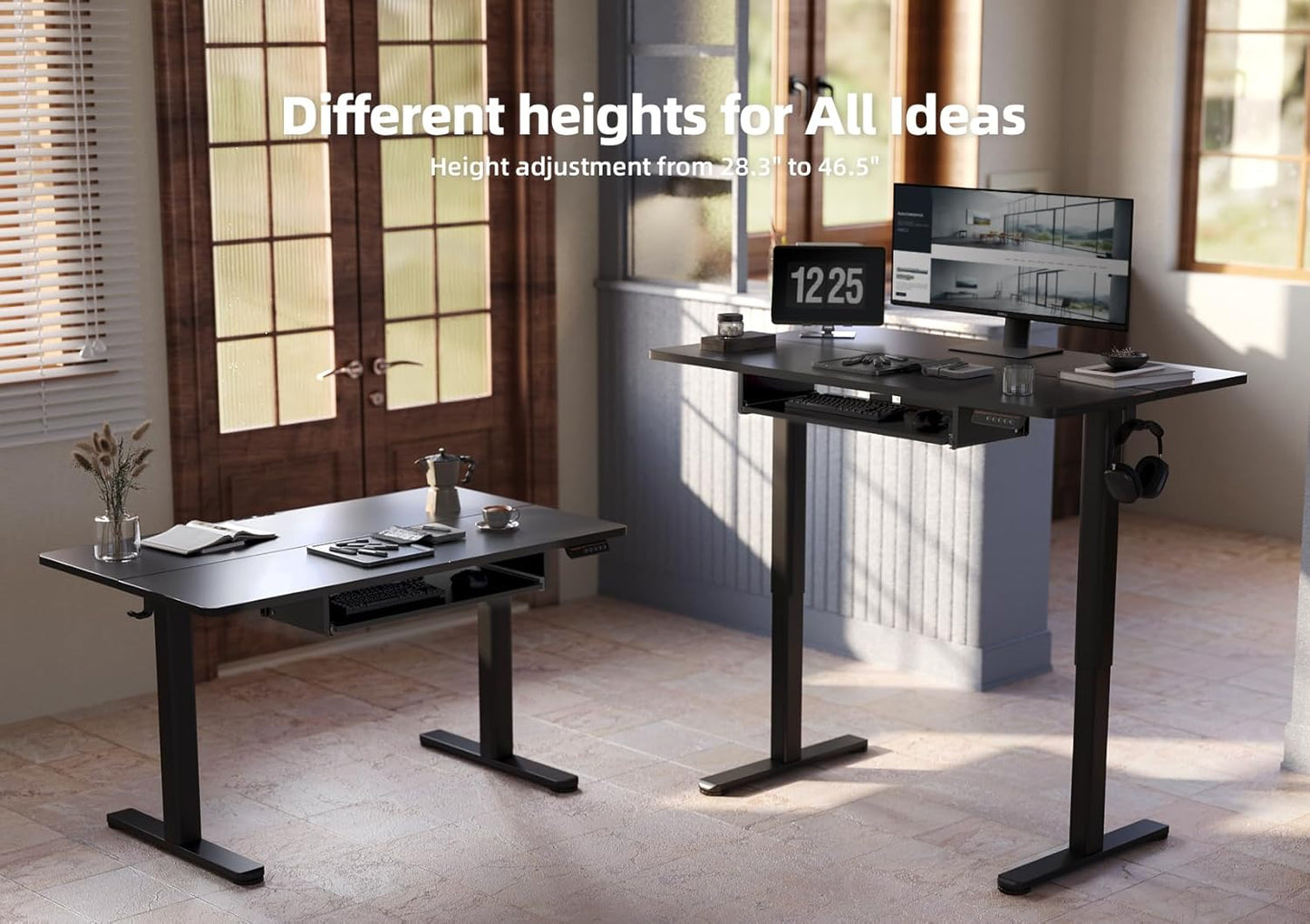 YDN Standing Desk, Height Adjustable Computer Desk with Keyboard Tray, 48 Inch Black Ergonomic Desk for Home Office and Gaming