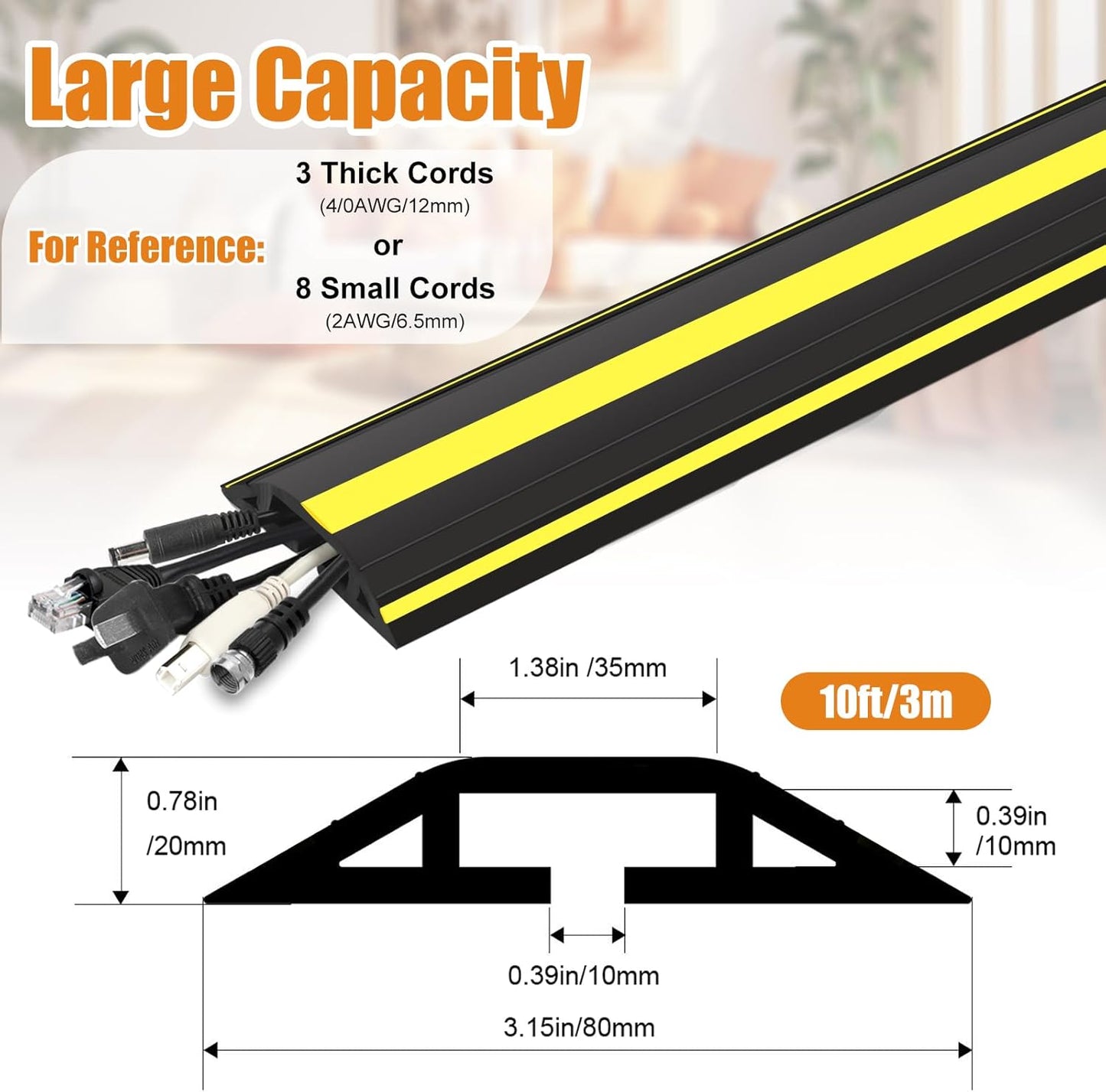 10 ft Cord Covers for Wires on Floor, Heavy Duty PVC Duct Floor Cord Cover, Floor Cable Cover Easy to Unroll Prevent Trip Hazard for Home Office or Outdoor Settings (2pcs)