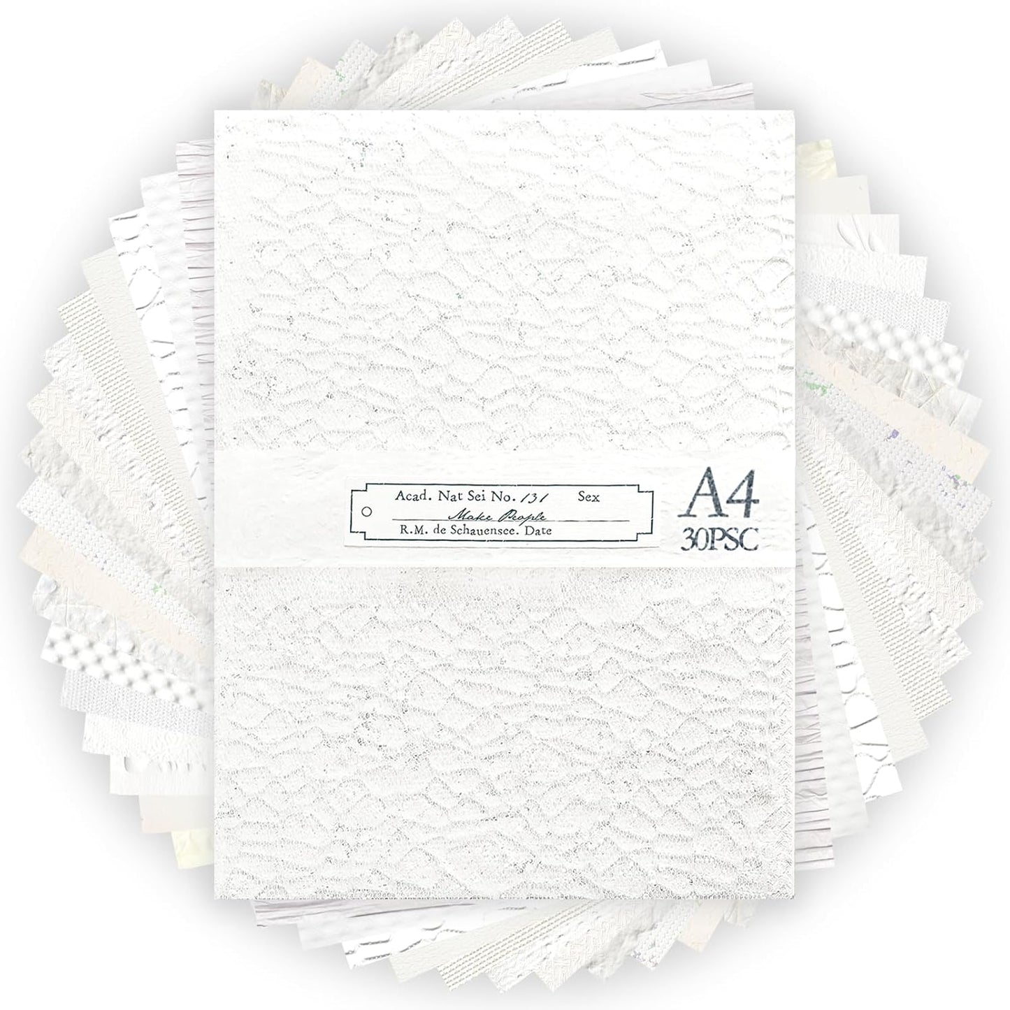 Aromoty 30 sheets Textured Scrapbook Paper&Mesh Fabric set - A4 Large Craft Mulberry Special Paper Mix for Scrapbooking White Junk Journal Supplies Card Materials Wedding Collage, 11.7x8.3 Inches