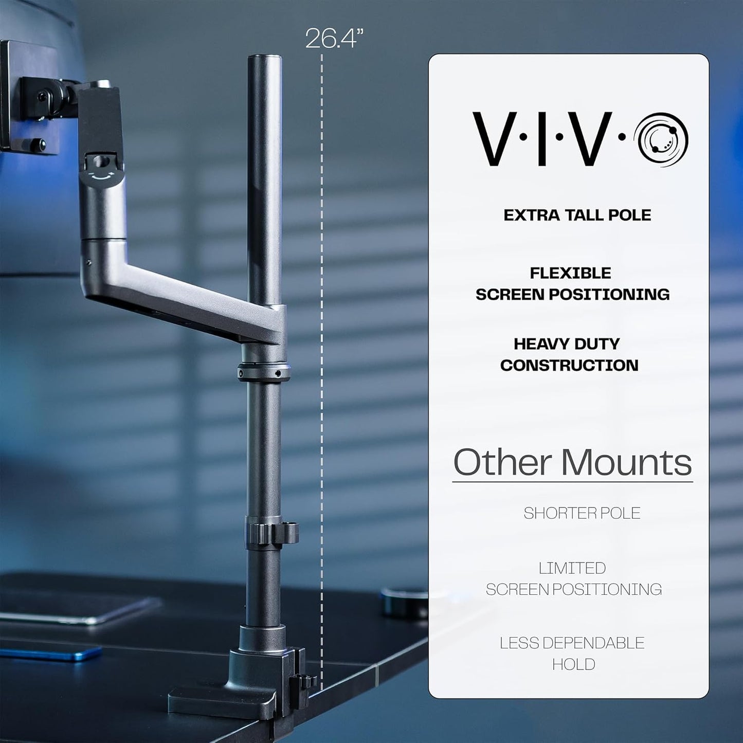 VIVO Pneumatic Arm Single Ultrawide Monitor Extra Tall Desk Mount for Up to 49 inch Screens, Heavy Duty Clamp, Holds Ultra Wides Up to 44 lbs, Black, STAND-V110K