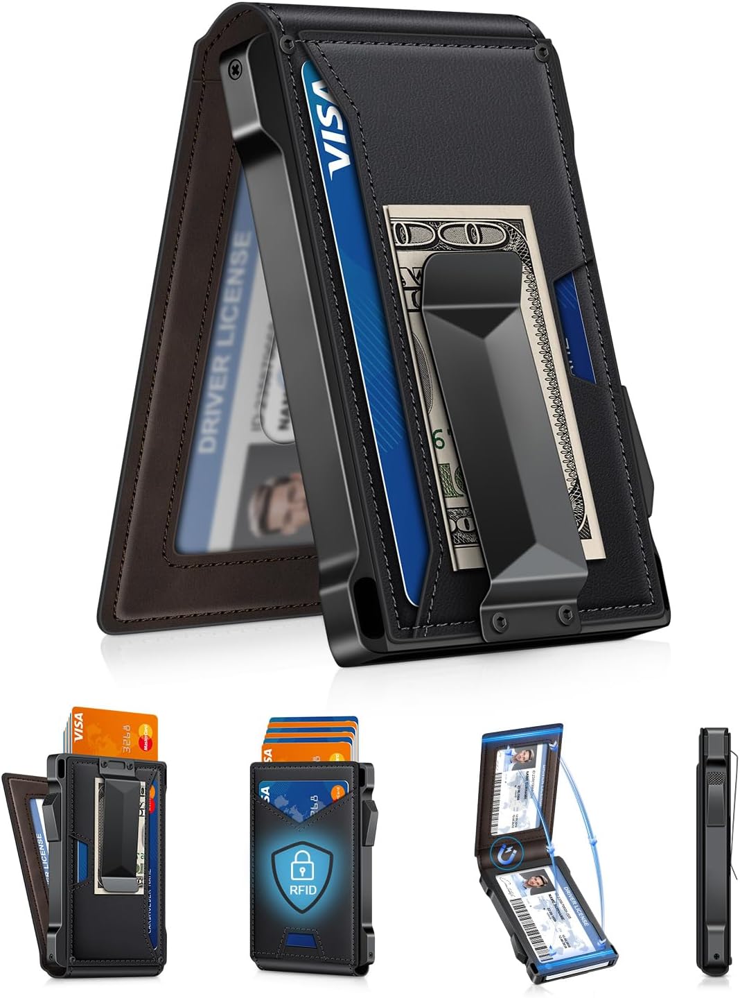 Wallet for Men RFID Wallet with 2 ID Windows & Money Clip, Slim Pop Up Card Holder for 10-12 Cards, Bifold Minimalist Smart Wallet for Front Pocket, Compact Metal Credit Card Holder, Gifts for Men