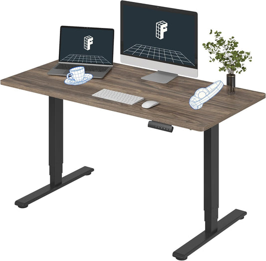 FLEXISPOT E6 Essential 3 Stages Dual Motor Electric Standing Desk 55x28 Inch Whole-Piece Board Height Adjustable Electric Sit Stand Desk(Black Frame + Brown Wood Grain Desktop, 2 Packages)