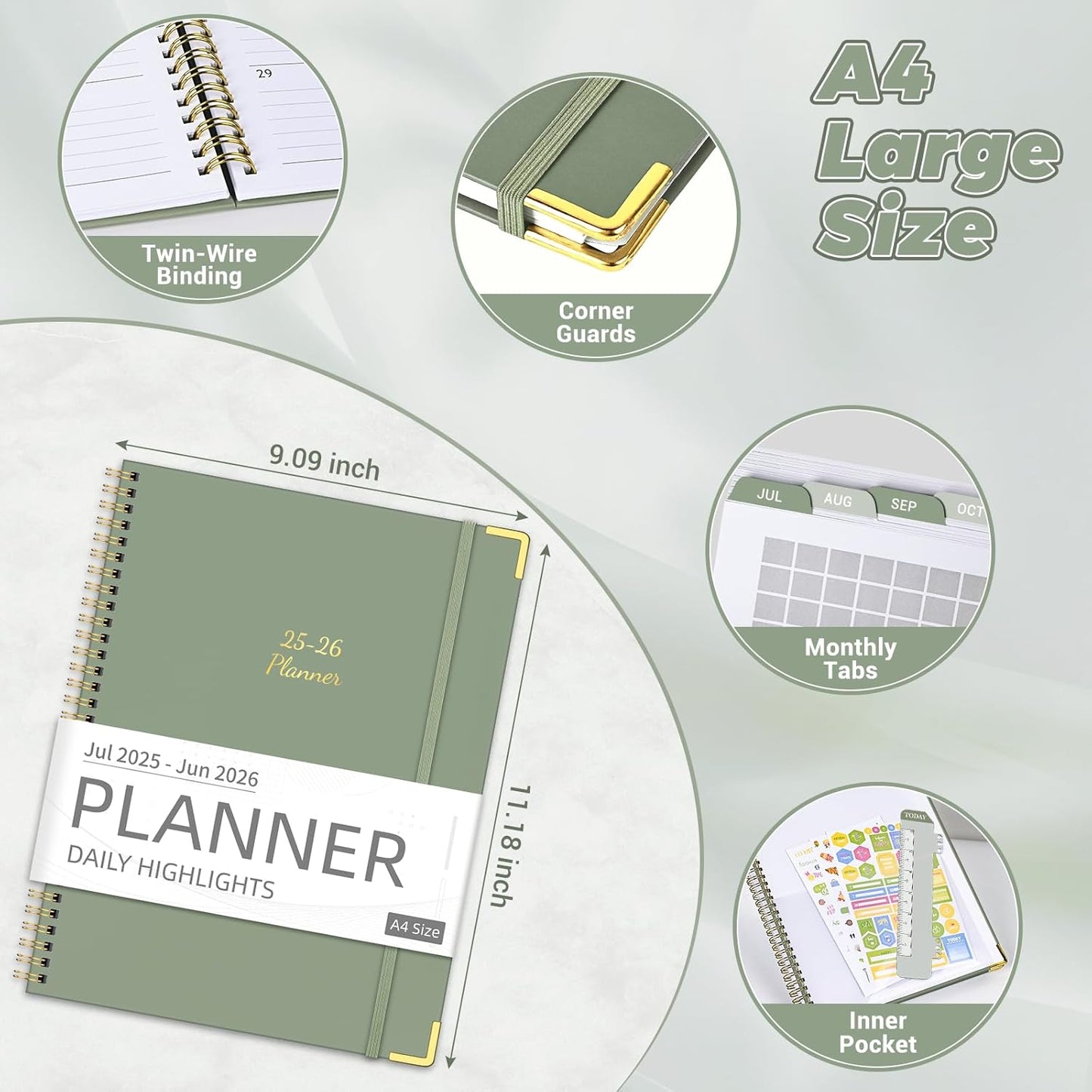 Academic Planner 2025-2026 (8.5" x 11") - Weekly & Monthly Planner (Jul. 2025 - Jun. 2026), Column View Calendar Organizers, Hardcover Agenda Book with Tabs for Office & School, Green