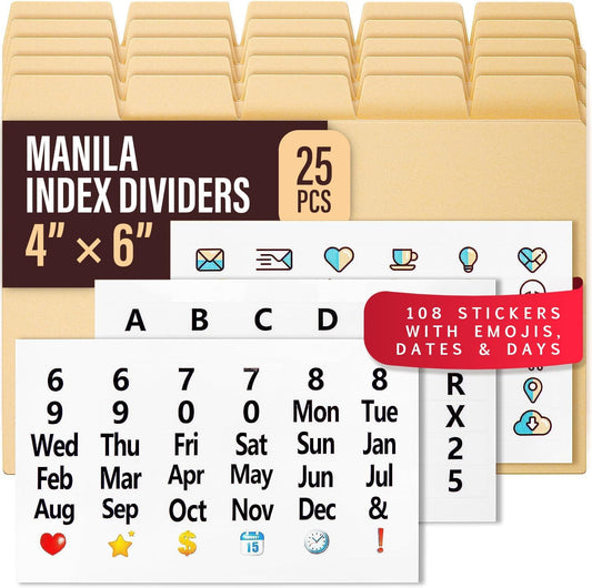 25 Manila Index Card Dividers 4x6 - Index Organizer Dividers with Tabs & 108 Stickers for Recipe, Note, Monthly Index Cards 4x6 & Card Stock