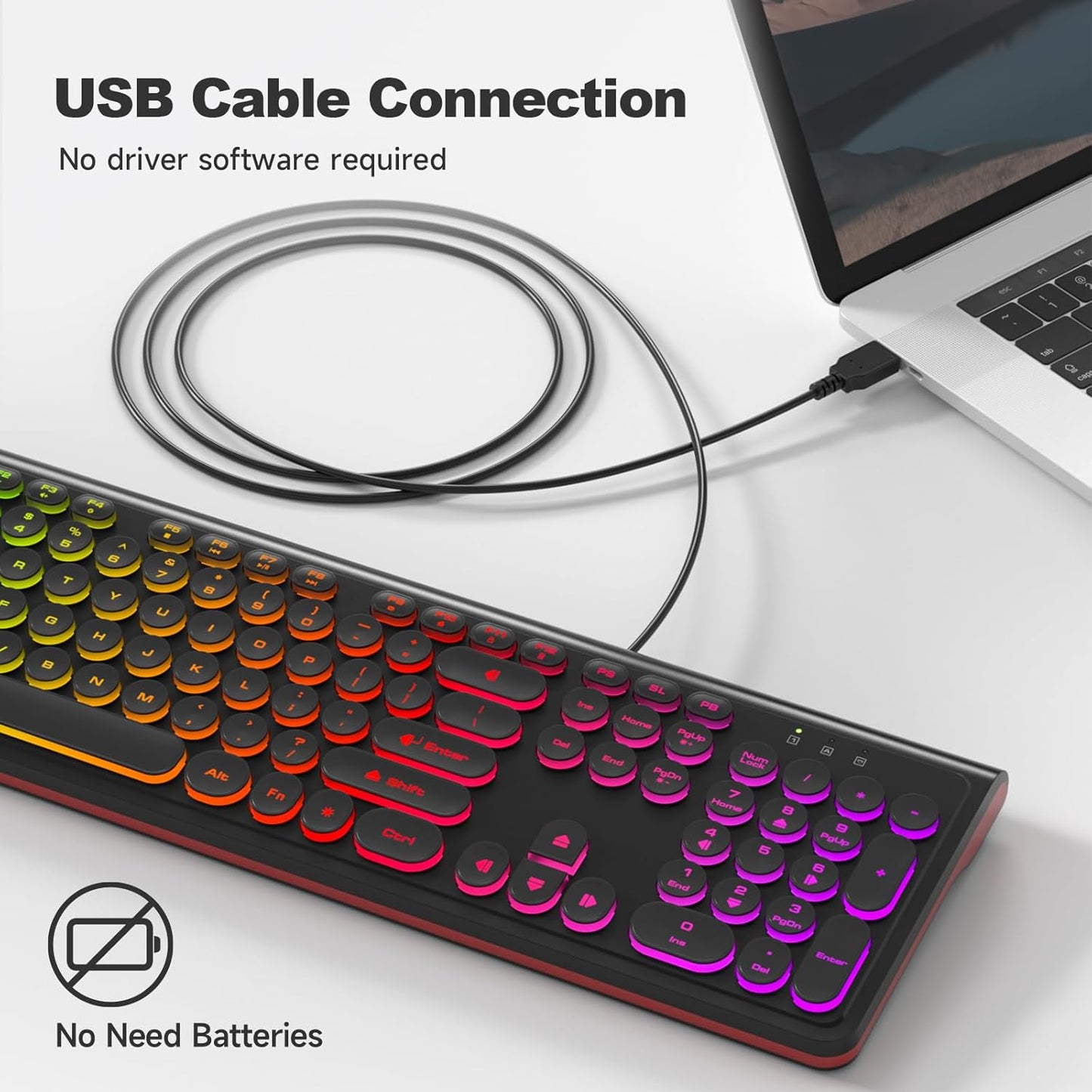 USB Wired Keyboard with Backlit 7-Colors, Full Size Keyboard with Retro Keycaps, Numeric Keypad and Media Hotkey for Computer Desktop PC Laptop and Windows 7 8 10 11