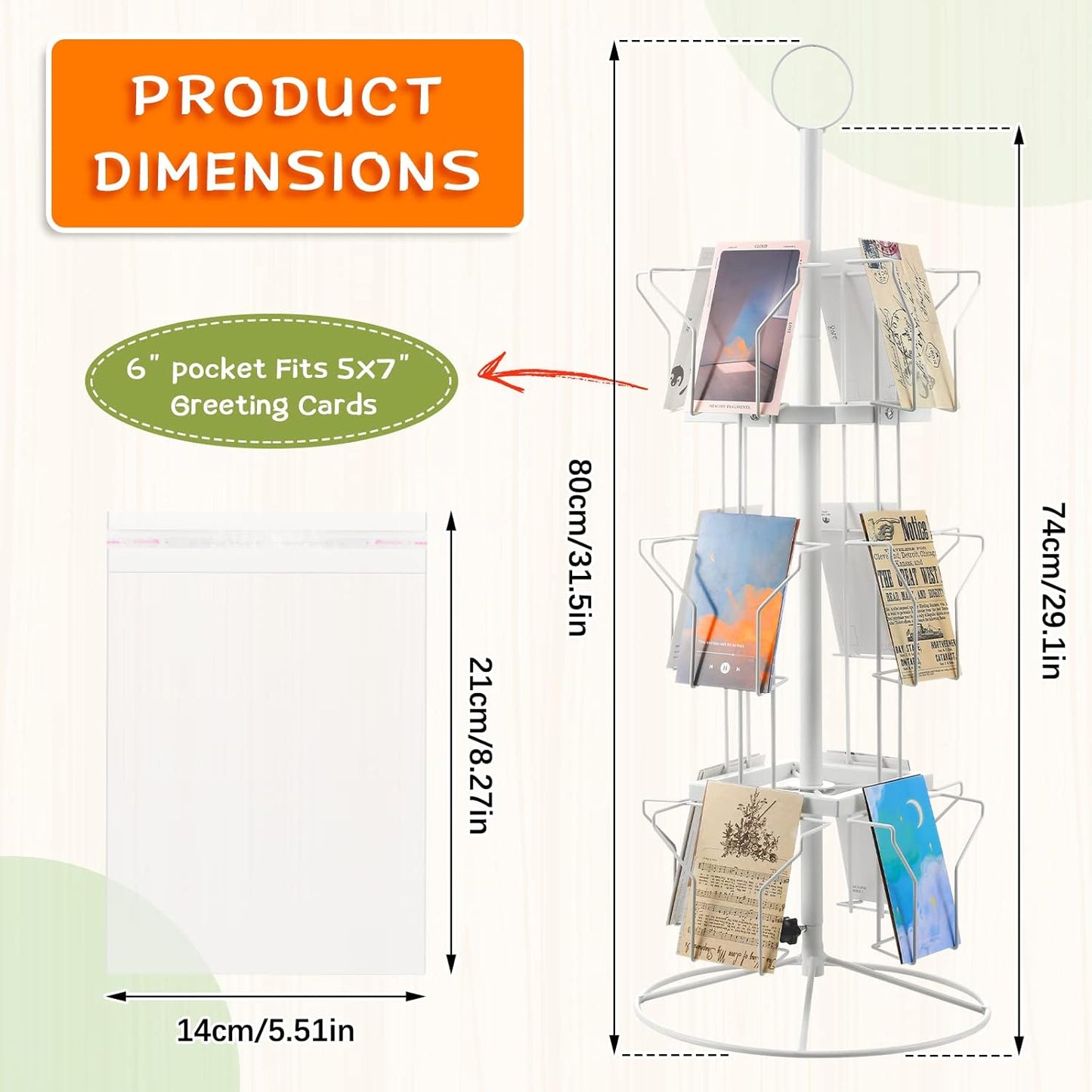 Nuanchu 12 Pockets Greeting Card Display Stand Countertop Rotating Greeting Card Rack with 200 Clear Resealable Bags 3 Tier Metal Display Stand Spinning Holder for Stickers Showcase Postcard(White)