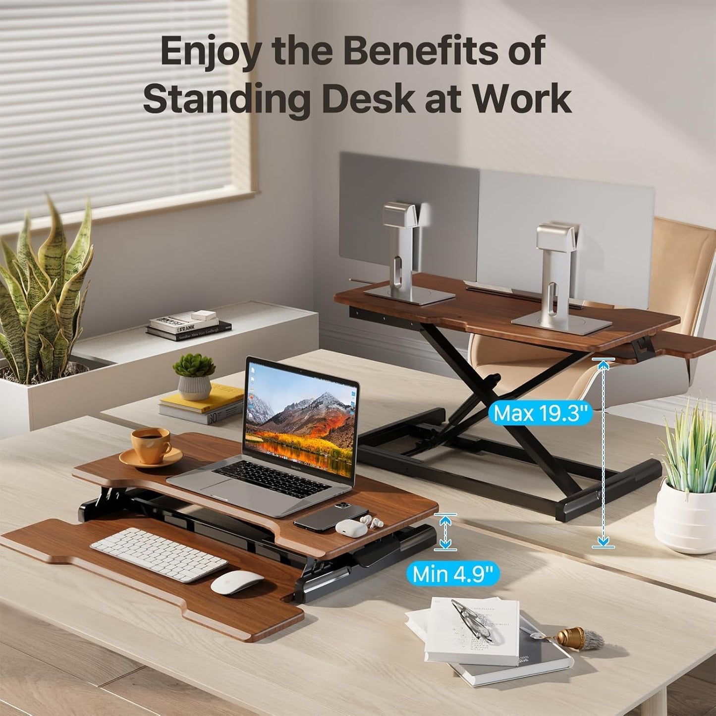Standing Desk Converter 32 inch, Height Adjustable Sit Stand Desk Riser, Quick Sit to Stand Tabletop Dual Monitor Riser Workstation for Home Office with Keyboard Tray, Dark Wood