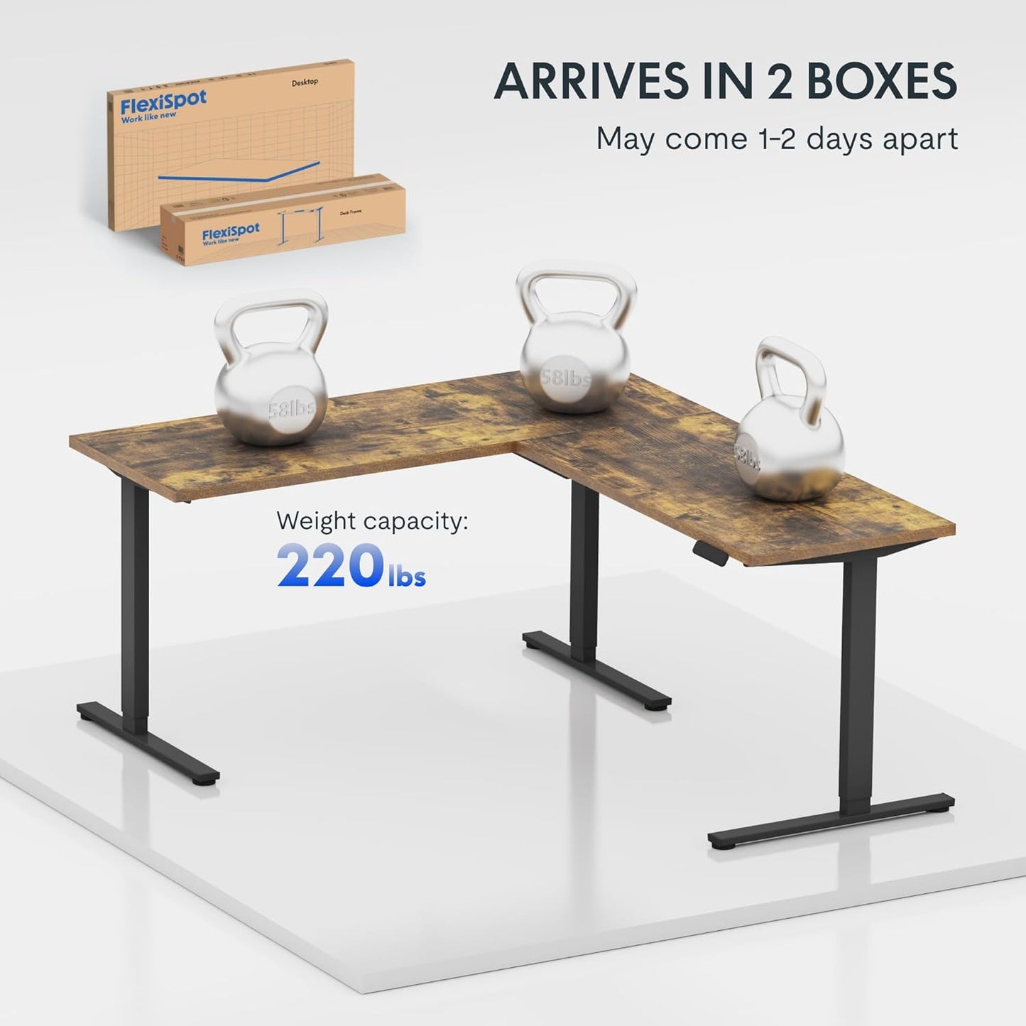 FLEXISPOT L Shaped Standing Desk, 63 x 55 Inch Electric Height Adjustable Corner Desk, Sit Stand Computer Workstation, Preset Controller, Home Office, Black Frame with Rustic Brown Top