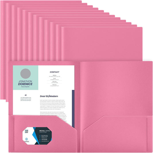 Gueevin 24 Pcs Plastic Folders with Pockets, Back to School Two Pocket Folder Fit Letter Size, Heavy Duty School Business Card Holder for Home Office, 11. 61 x 9. 45 Inches (Pink)