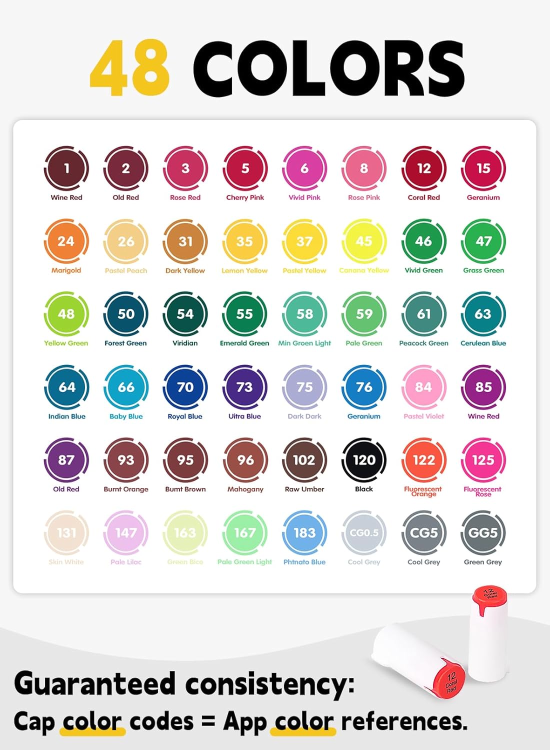 YHC 48 Colors Alcohol Brush Marker with Free App,Dual Tips Art Markers for Adults and Kids, Alcohol Based Brush & Chisel Tips Markers for Drawing, Coloring, Painting, Sketching