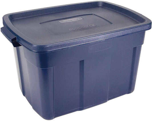 Rubbermaid Roughneck Tote 25 Gal, 4 Pack, Made in USA, Dark Indigo Metallic, Rugged Plastic Stackable Storage Bins with Lids and Handles