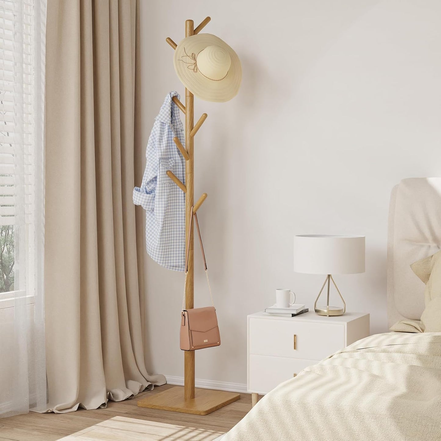 Coat Rack Freestanding with Stable Square Base for Cloathes, Hat, Used in Bedroom, Office and Entryway, Sturdy and Easy Assembly Coat Tree with 3 Adjustable Sizes and 8 Hooks, Natural