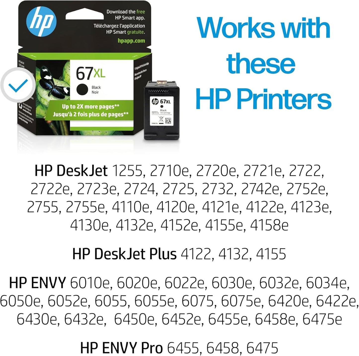 HP 67XL Black High-yield Ink Cartridge for HP Printers | Works with Printer Series: DeskJet 1255, 2700, 4100, ENVY 6000, 6400 Series | Eligible for Instant Ink | 3YM57AN