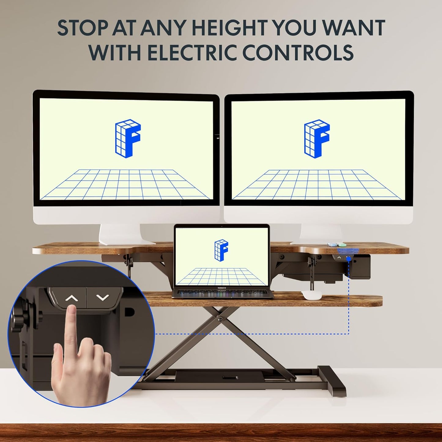 FLEXISPOT 40 inch Electric Motor Desk Converter, Sit to Stand Monitor and Laptop Workstation, Height Adjustable Riser with Wide Keyboard Tray, Rustic Color