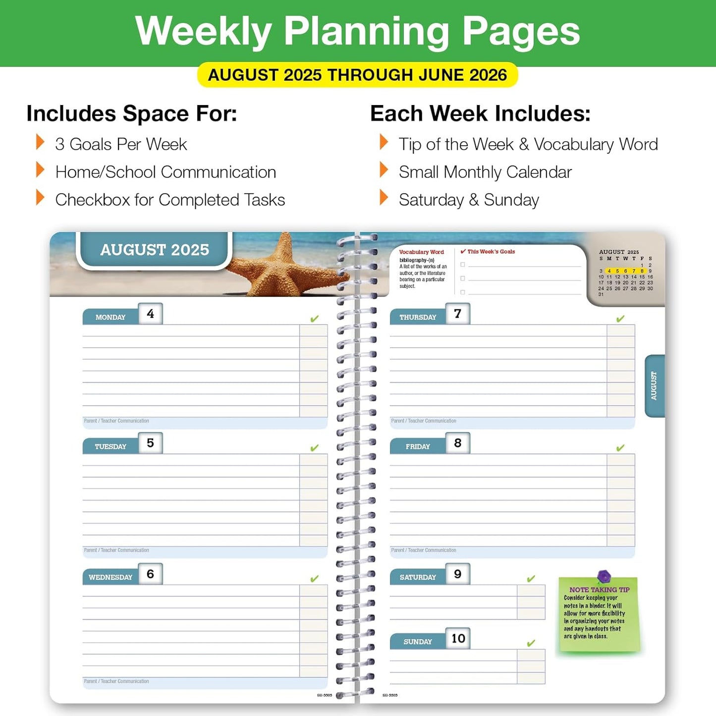 Global Datebooks Dated Middle School or High School Student Planner for Academic Year 2025-2026 Includes Ruler/Bookmark and Planning Stickers (Block Style - 5.5"x8.5" - Doodles)