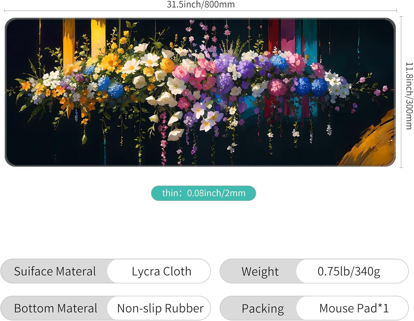 Dynippy Thin Extended Gaming Mouse Pad （31.5 * 11.8 * 0.08 inch） with Stitched Edges Large, Long XXL Keyboard and Mouse pad Desk Mat for Gaming Office & Home - Flower 32