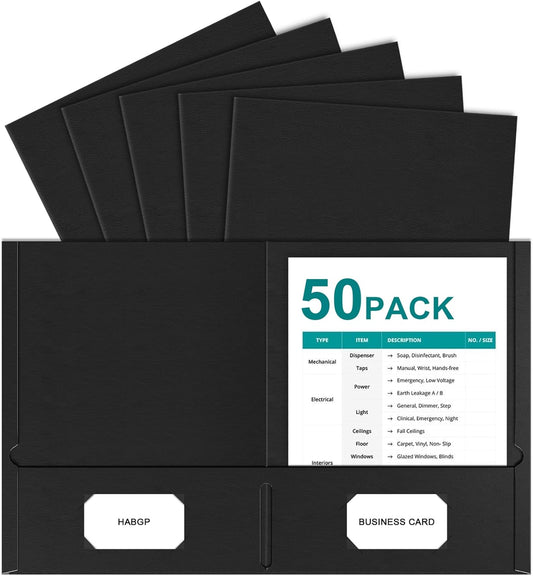 HABGP Two Pocket Folders, 50 Pack 2 Pocket Folders Fit Letter Size Paper, Black Paper File Folders with Pockets for School Office Home Business
