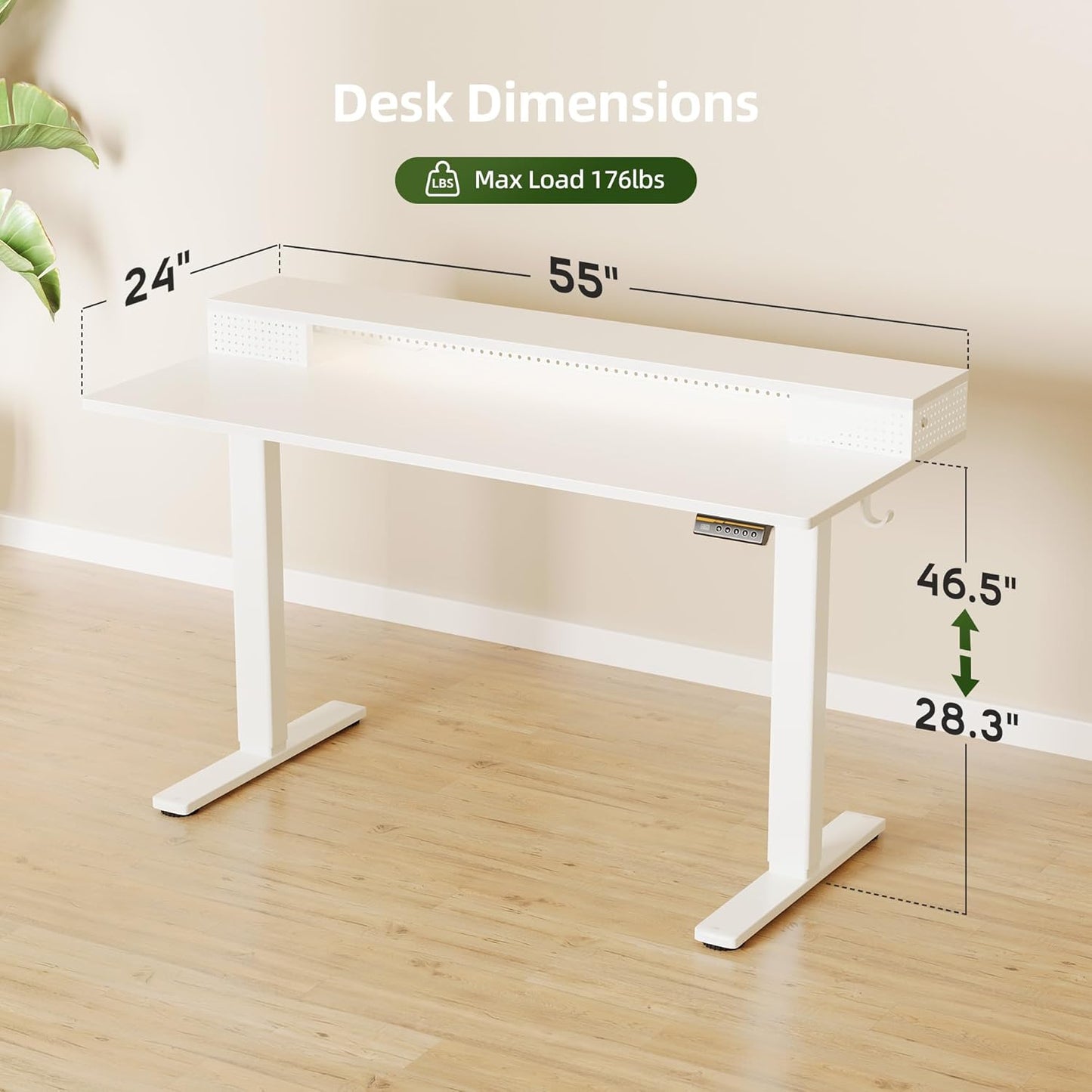 Claiks Electric Standing Desk with Shelf, 55 Inch Height Adjustable Standing Desk with LED Lights & Monitor Stand, White Frame/White Top