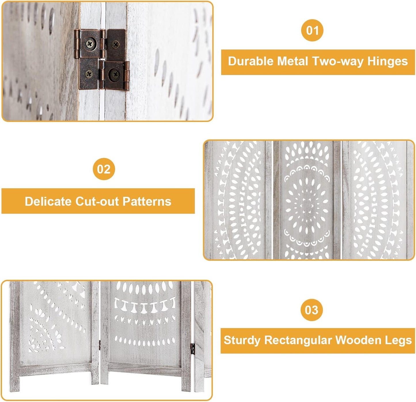 3 Panel Handcrafted Carved Room Divider Screen, 360° Adjustable Wood Folding Privacy Screens for Room Separation, 66.9 Inch Partition Room Dividers for Home Bedroom Office, White