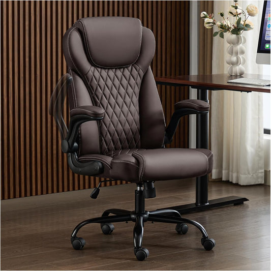 Office Chair, Executive Leather Chair Home Office Desk Chairs, Ergonomic Computer Desk Chair with Adjustable Flip-Up Arms, Lumbar Support Swivel Task Chair with Rocking Function (Brown)