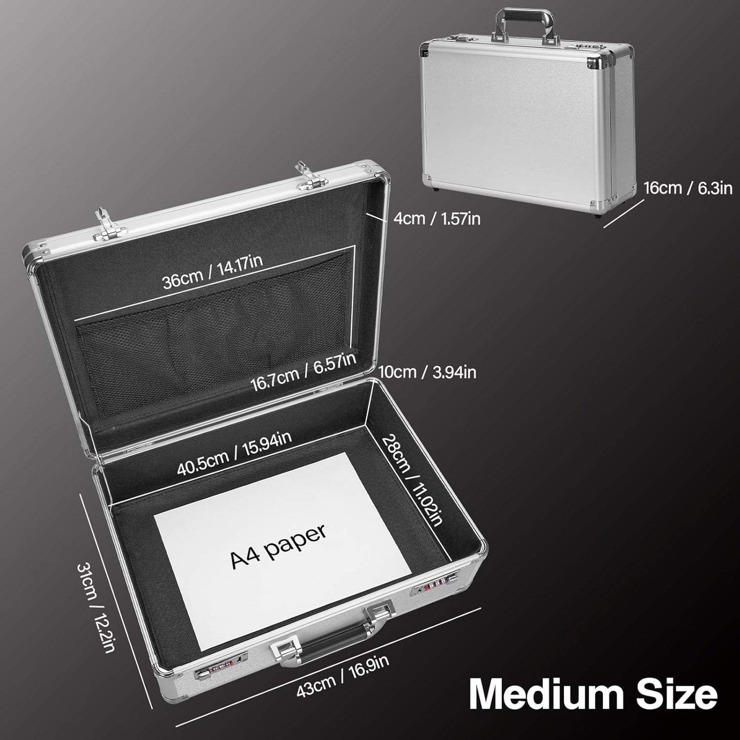 File Organizer Storage Box - 16.9 x 12.2 x 6.1 Inch Large, Portable Locking Storage Totes with Dual Combination Locks, Lock Boxes for Personal Items, Cash, Briefcase - Silver