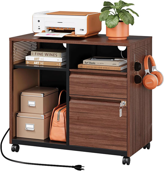 Mobile 2 Drawer File Cabinet,Metal File Cabinet with Lock，Lateral Printer Stand Filling Storage Cabinet for Home Office-A4/F4/Letter(Charging Socket)