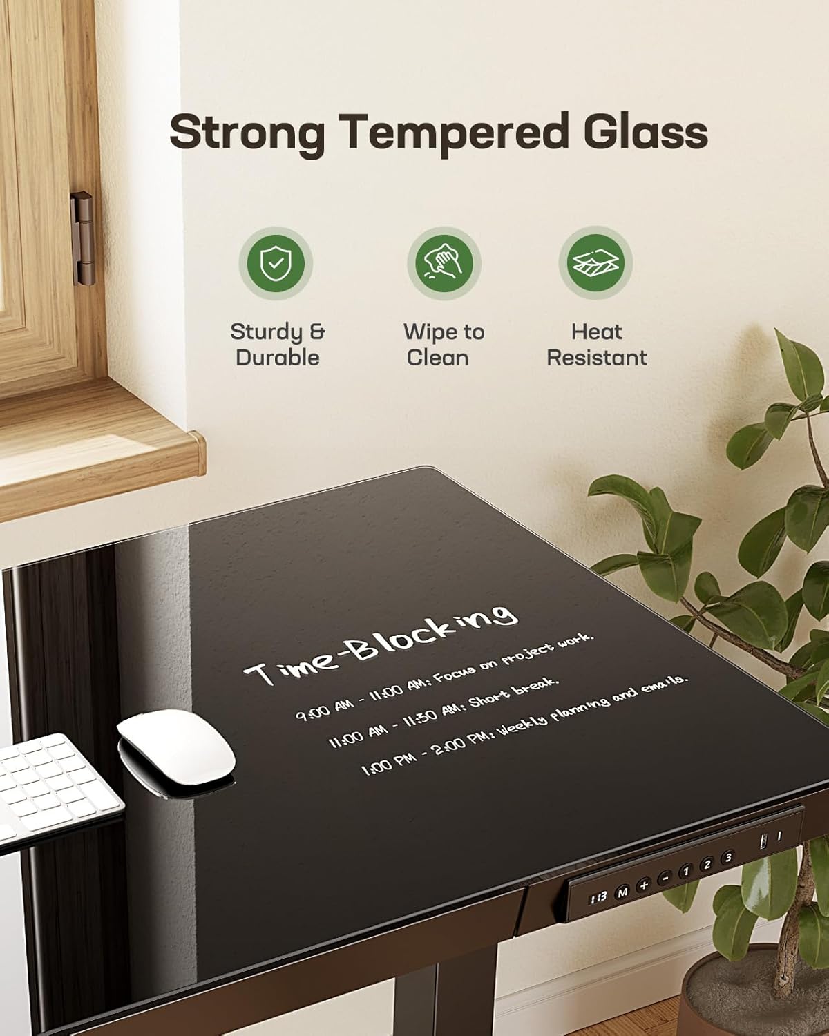 Marsail Glass Standing Desk with Drawer, 48 x 24 inch Electric Standing Desk, Height Adjustable Desk with One-Piece Tabletop & USB Charging Ports, Sit Stand Desk with Storage for Home & Office Black